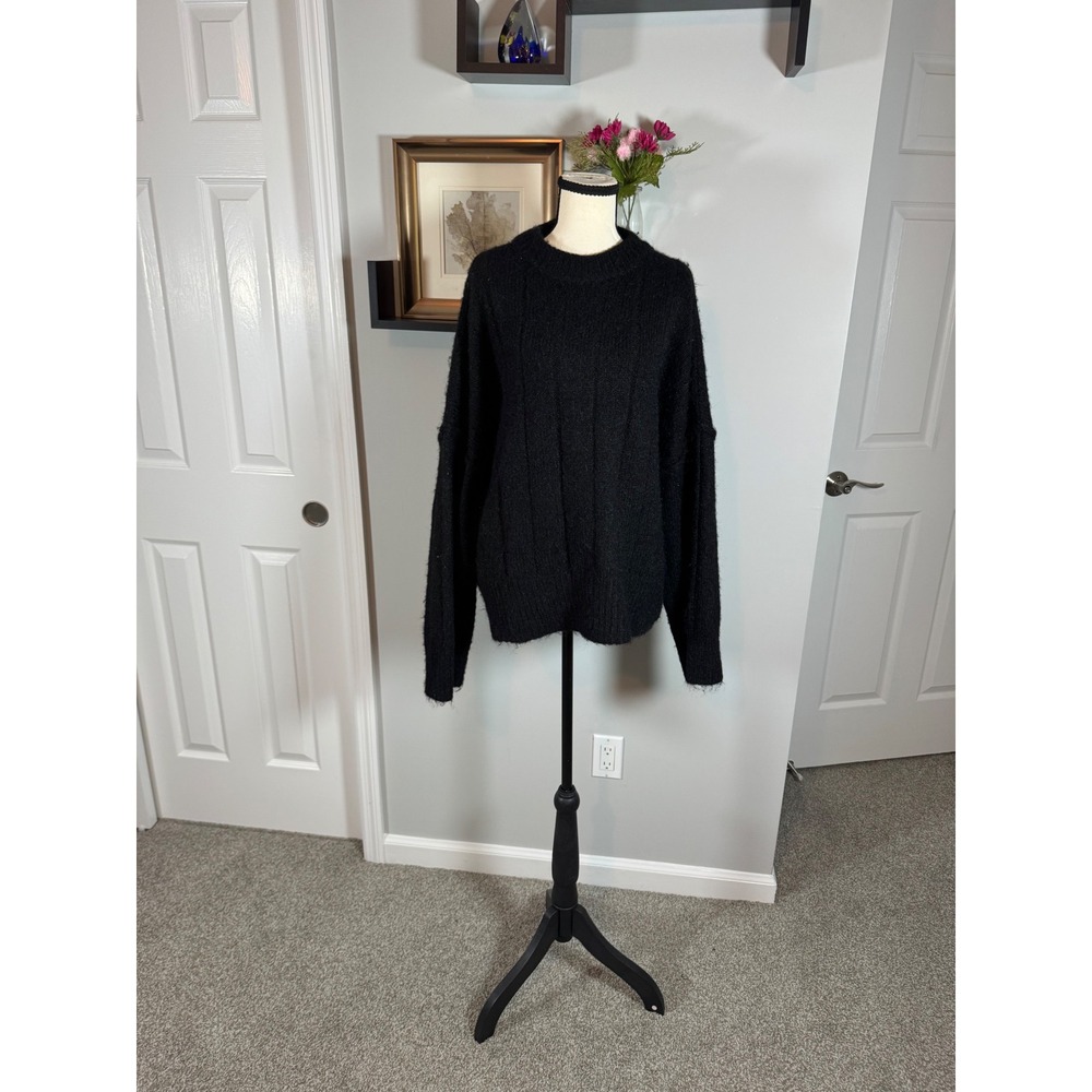 Topshop Women Black Fuzzy Knit Oversized Sweater Crew Neck Drop Shoulder Size M